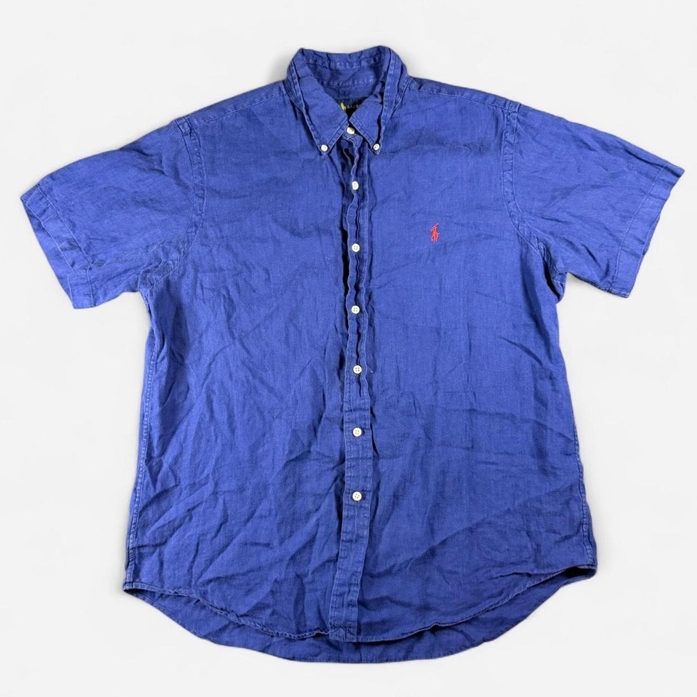 Polo Ralph Lauren Blue Linen Short Sleeve Button Down Shirt Red Pony Size L